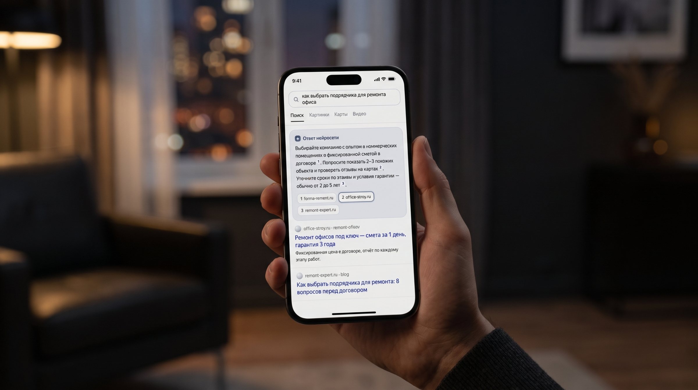 Смартфон с ответом нейросети в поисковой выдаче